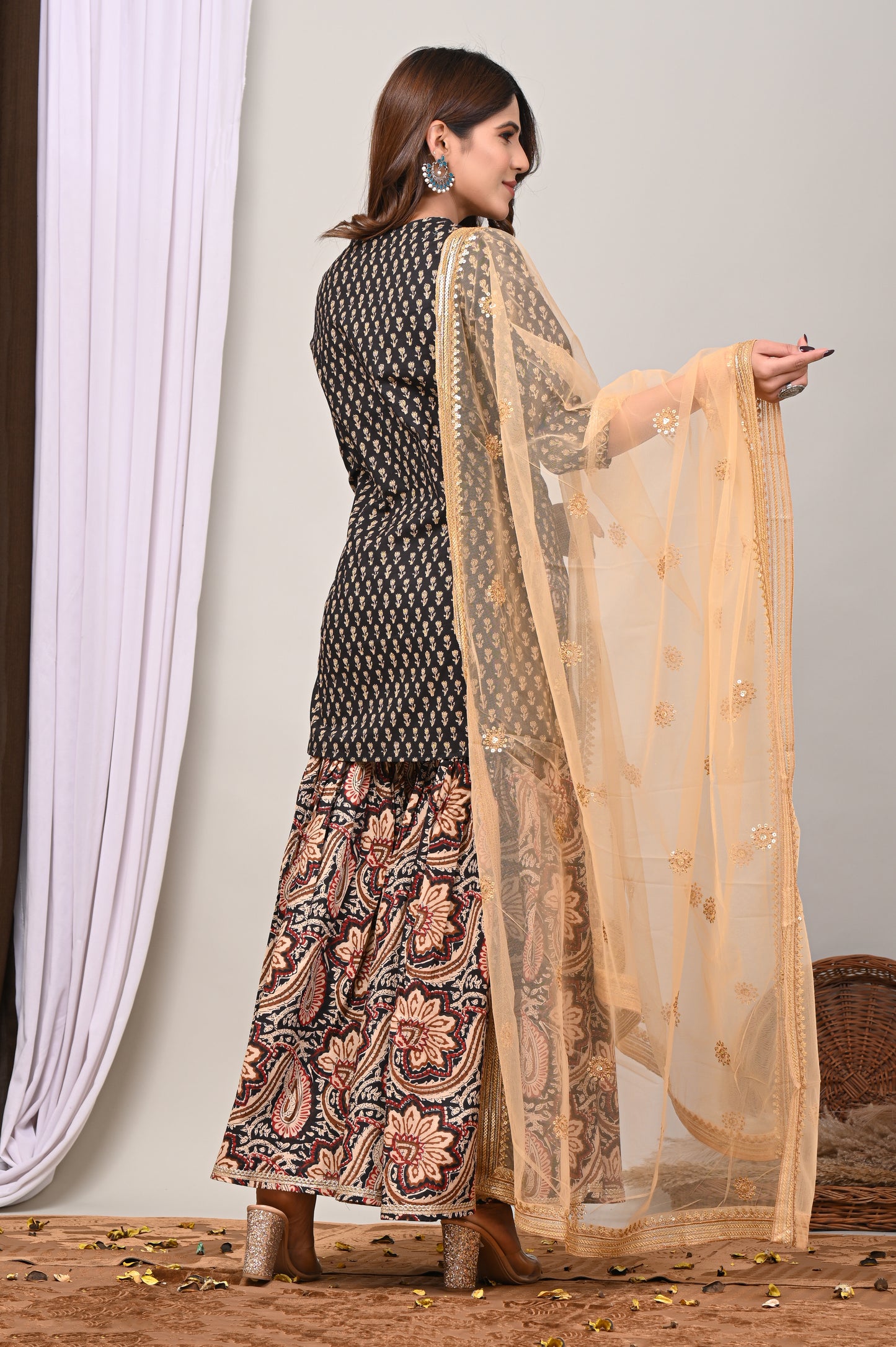 Royal Noir Printed Peplum Kurta Sharara Set with Net Dupatta