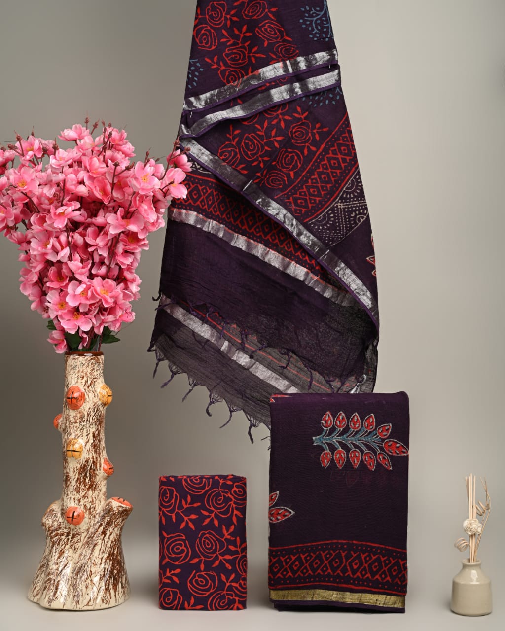 Hand Block Printed Cotton Linen Suit Set With Dupatta