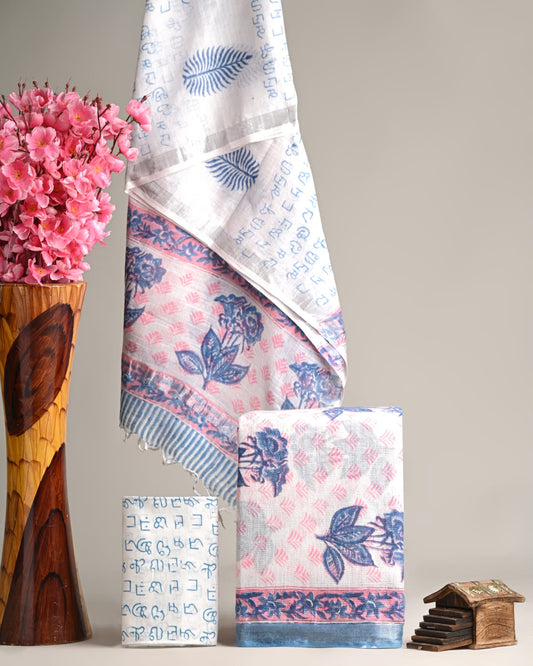 Hand Block Printed Cotton Linen Suit Set With Dupatta