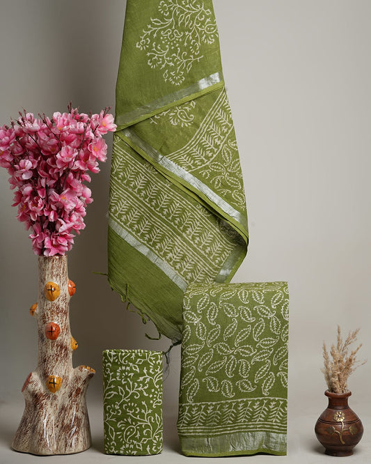 Hand Block Printed Cotton Linen Suit Set With Dupatta