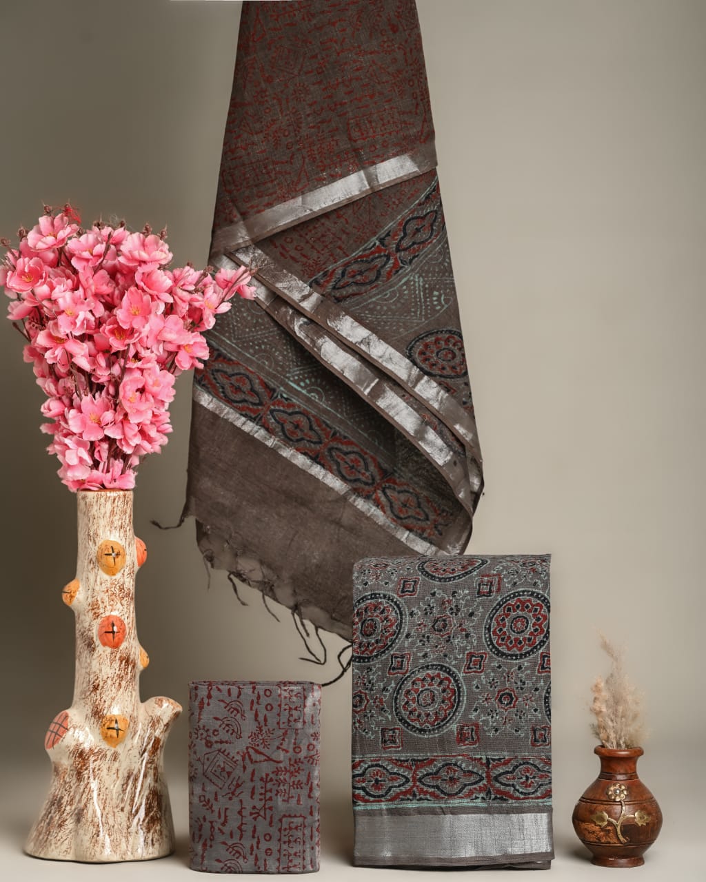 Hand Block Printed Cotton Linen Suit Set With Dupatta