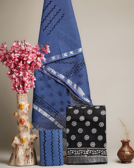 Hand Block Printed Cotton Linen Suit Set With Dupatta