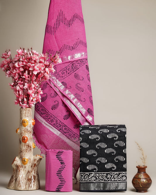 Hand Block Printed Cotton Linen Suit Set With Dupatta