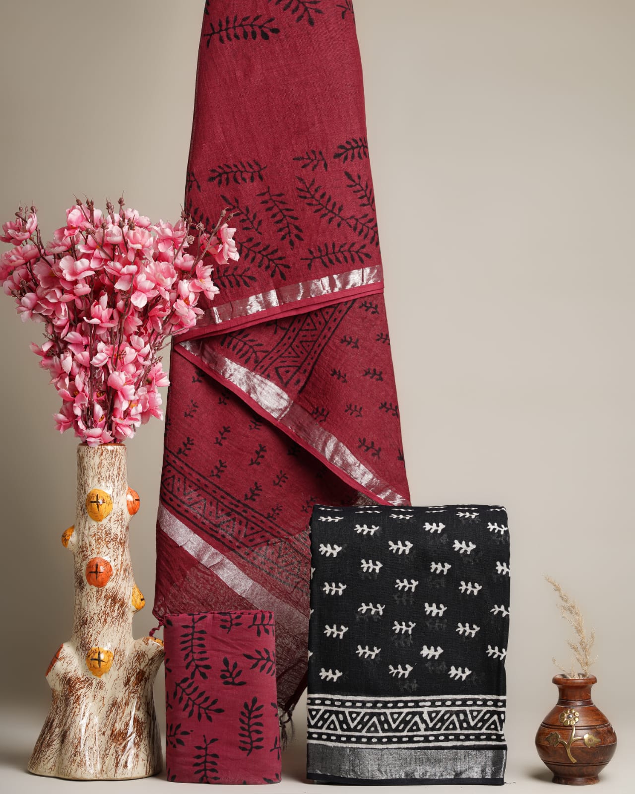 Hand Block Printed Cotton Linen Suit Set With Dupatta