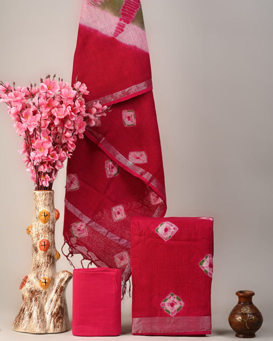 Hand Block Printed Cotton Linen Suit Set With Dupatta