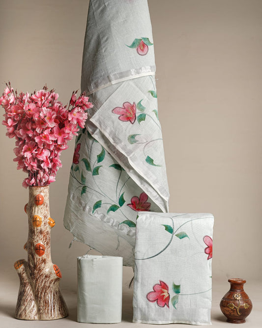 Hand Block Printed Cotton Linen Suit Set With Dupatta