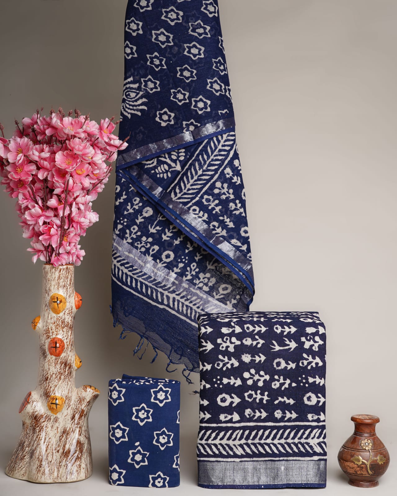 Hand Block Printed Cotton Linen Suit Set With Dupatta