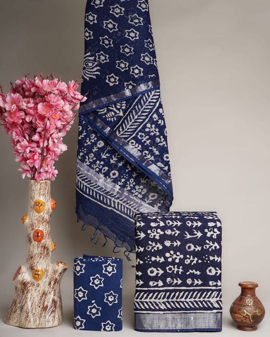 Hand Block Printed Cotton Linen Suit Set With Dupatta