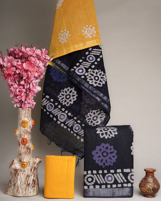 Hand Block Printed Cotton Linen Suit Set With Dupatta