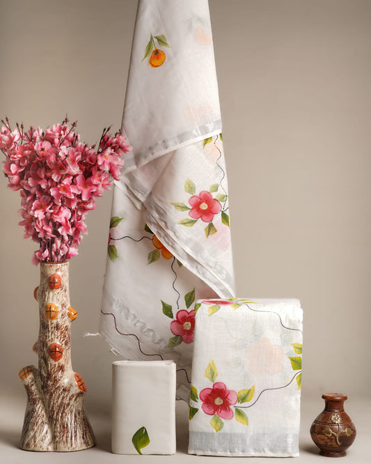 Hand Block Printed Cotton Linen Suit Set With Dupatta