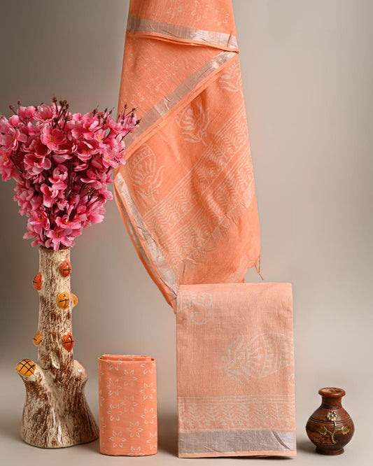 Hand Block Printed Cotton Linen Suit Set With Dupatta
