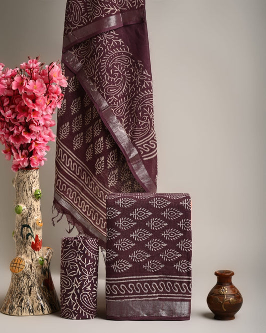 Hand Block Printed Cotton Linen Suit Set With Dupatta