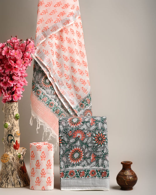Hand Block Printed Cotton Linen Suit Set With Dupatta