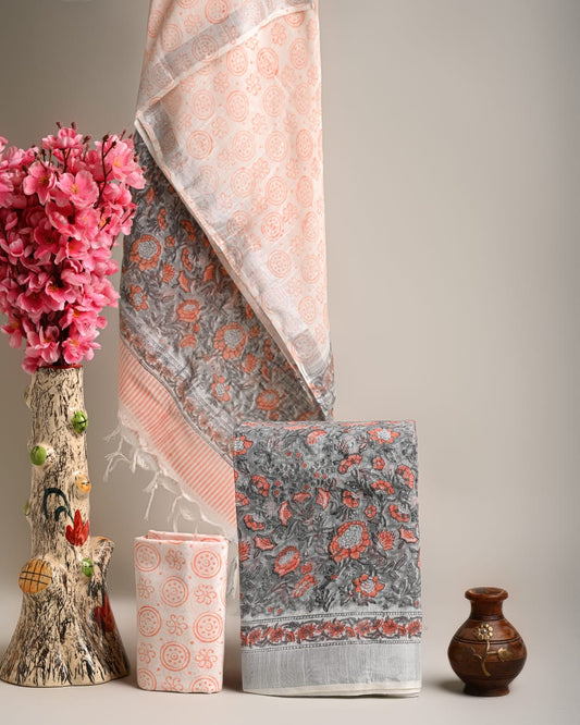 Hand Block Printed Cotton Linen Suit Set With Dupatta