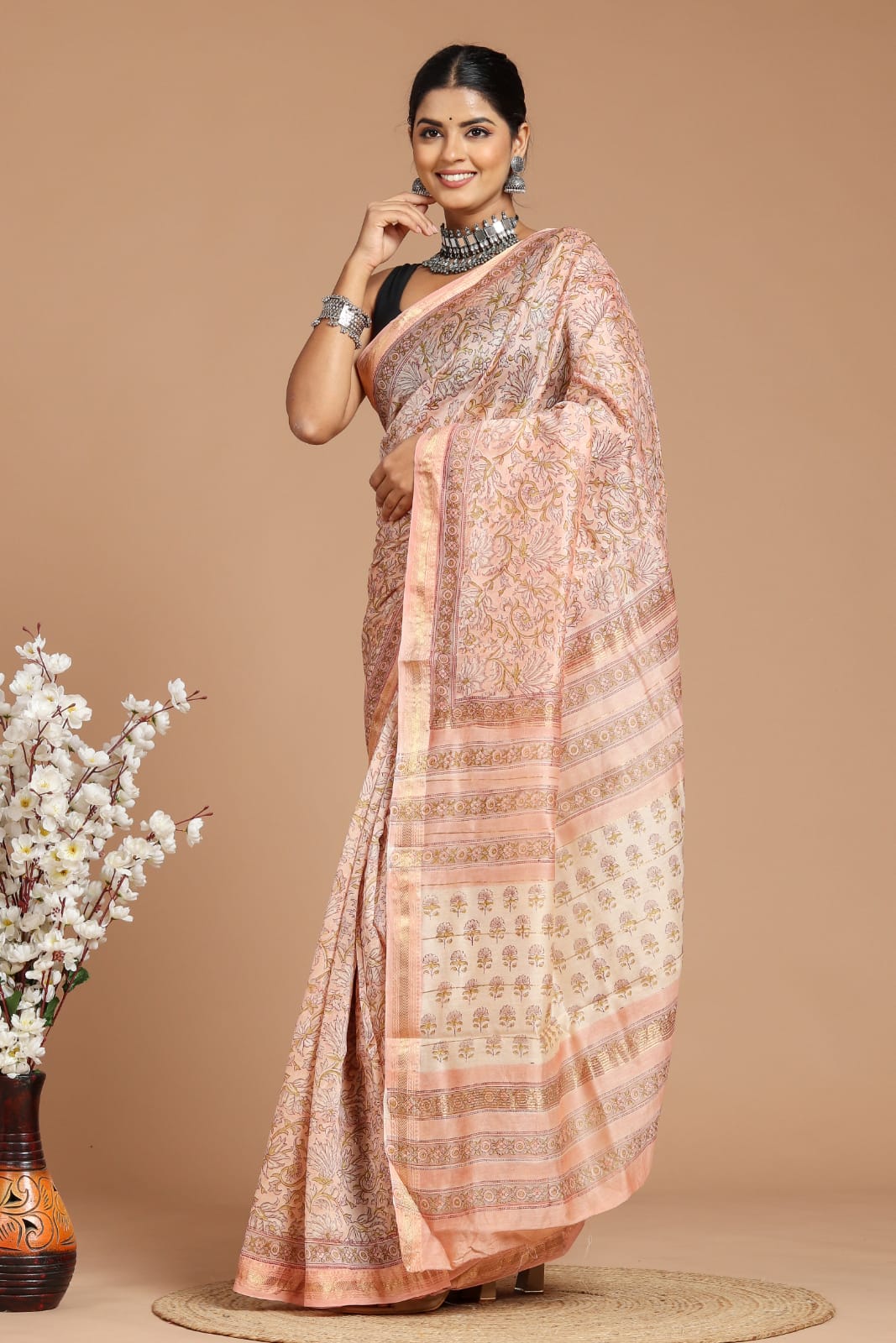 Premium Designer Hand Block Printed Maheshwari Silk Saree With Blouse
