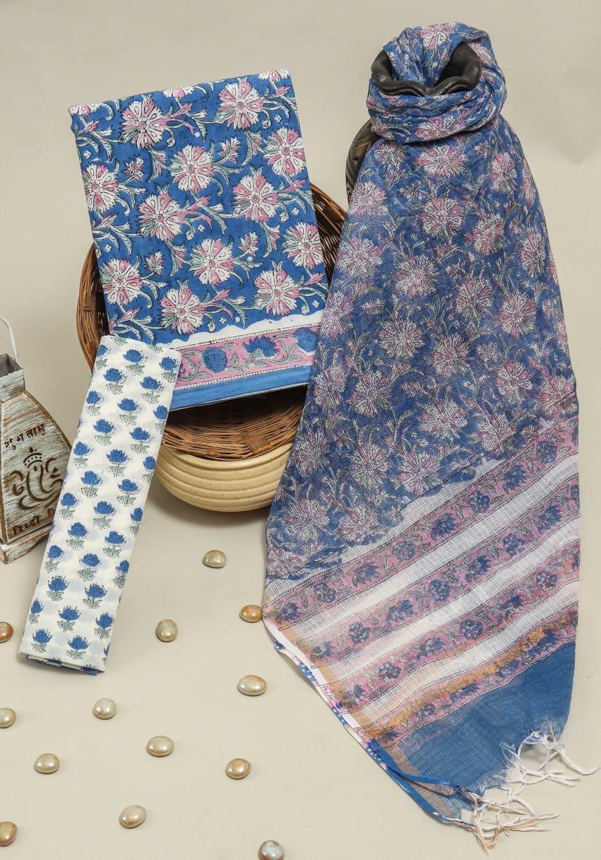Pure Cotton Hand Block Printed Suit Set With Kota Doria Dupatta