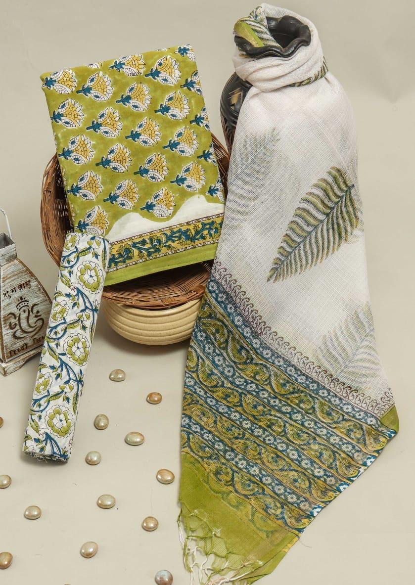 Pure Cotton Hand Block Printed Suit Set With Kota Doria Dupatta