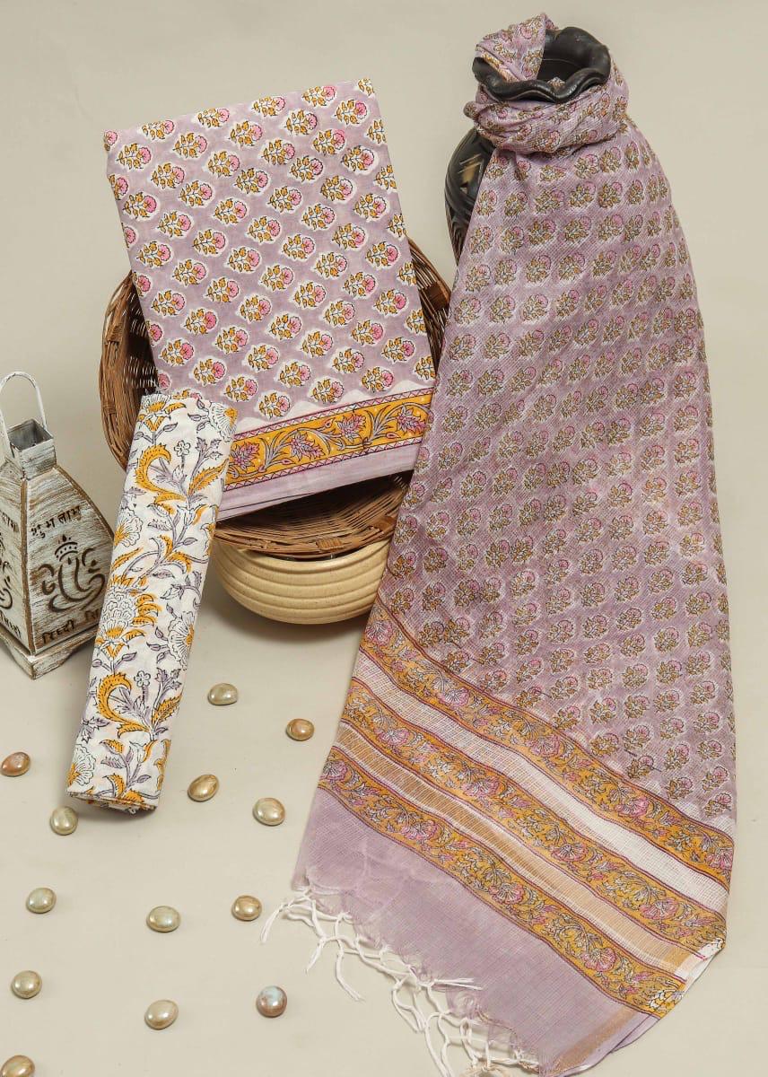 Pure Cotton Hand Block Printed Suit Set With Kota Doria Dupatta