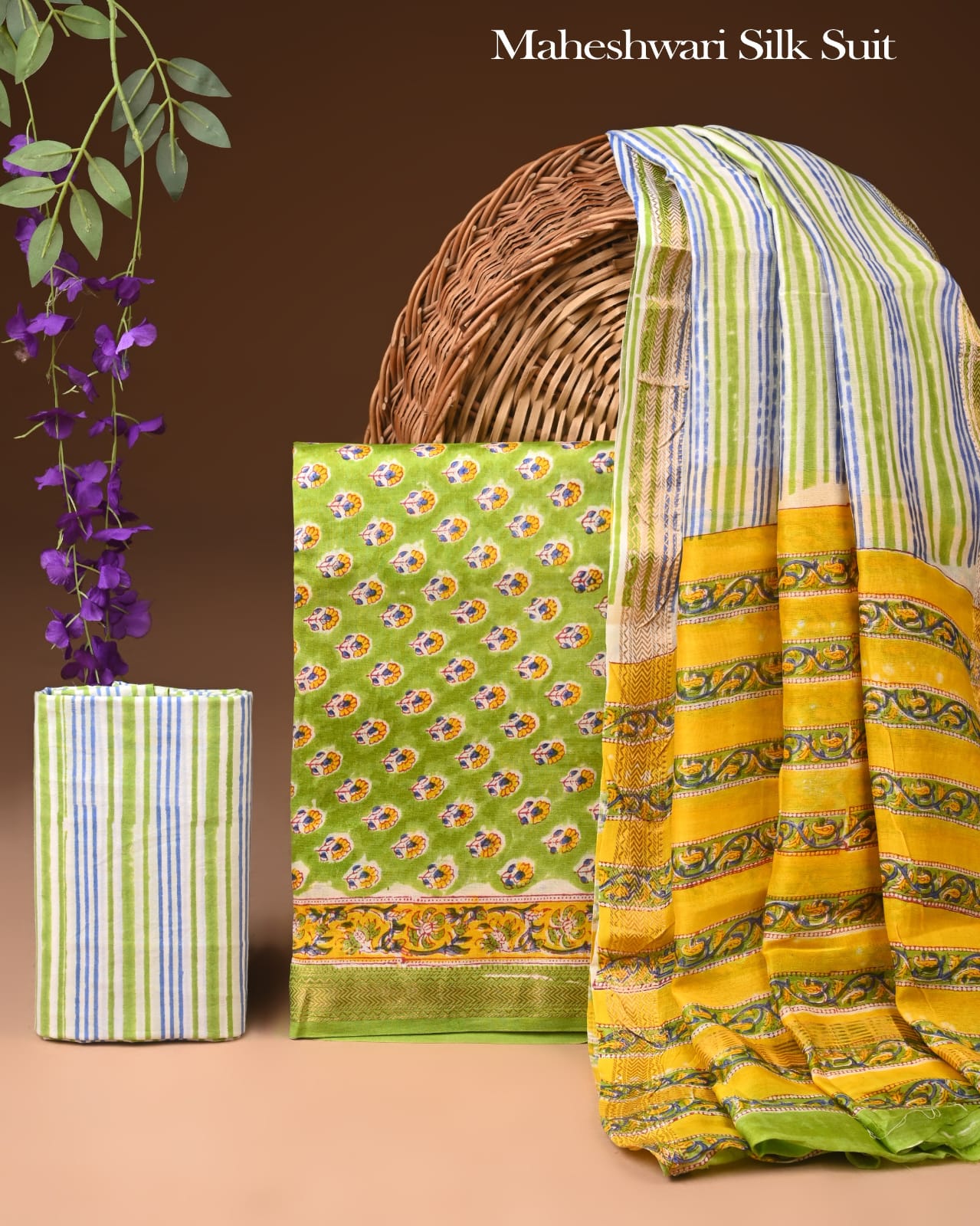 Premium Designer Handblock Printed Maheshwari Silk Suit Set