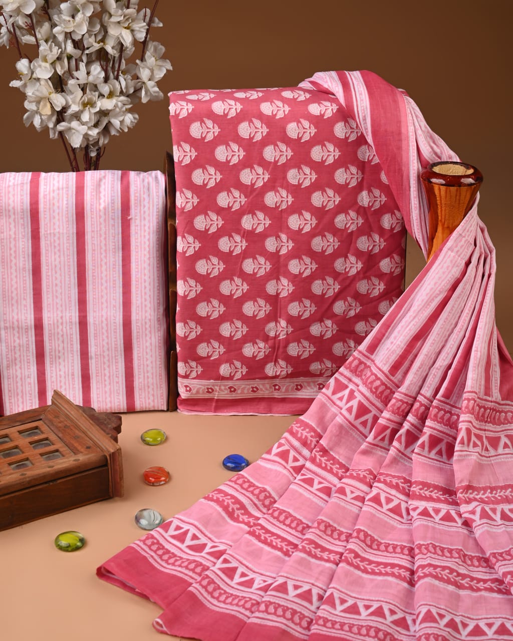 Designer Hand Block Printed Cotton Suit Set With Cotton Dupatta