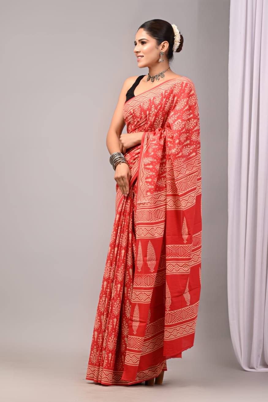 Pure Soft Cotton Handblock Printed Saree With Blouse
