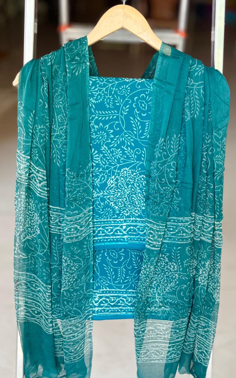 Pure Cotton Hand Block Printed Suit Set With Chiffon Dupatta