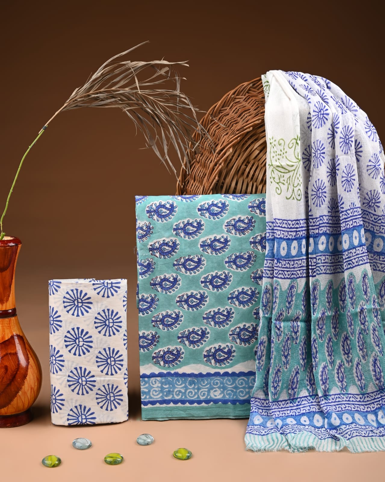 Pure Cotton Hand Block Printed Suit Set With Chiffon Dupatta