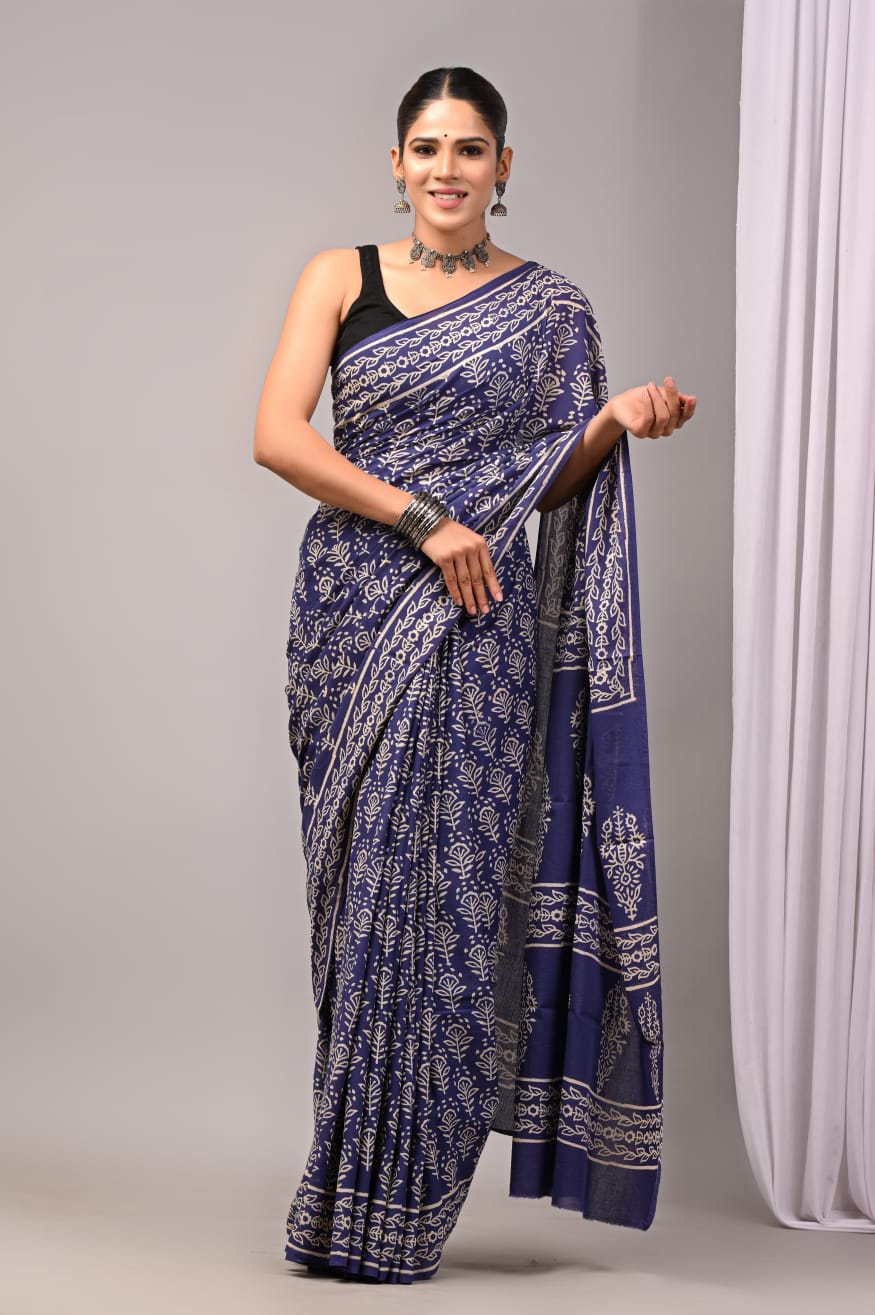 Pure Soft Cotton Handblock Printed Saree With Blouse