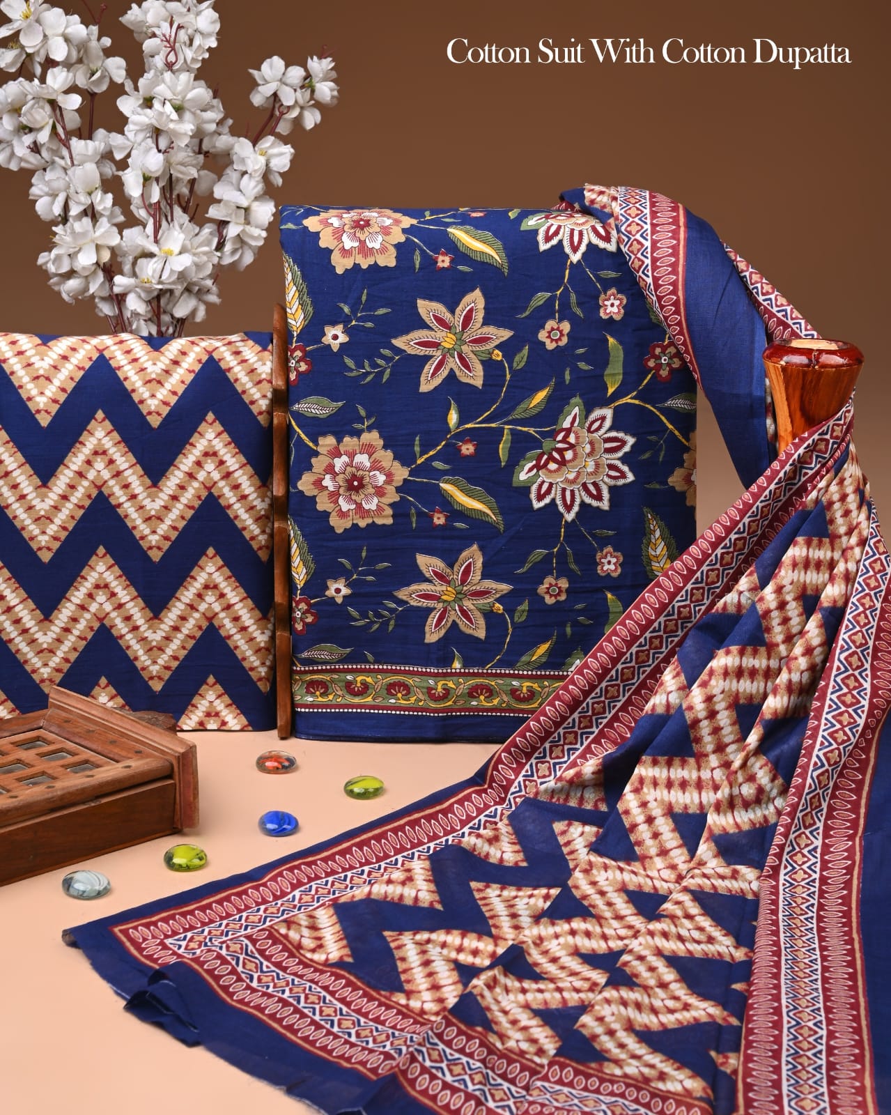 Designer Hand Block Printed Cotton Suit Set With Cotton Dupatta