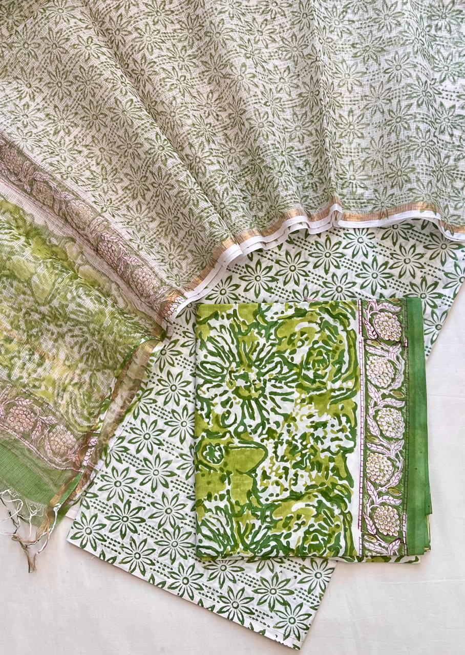 Pure Cotton Hand Block Printed Suit Set With Kota Doria Dupatta