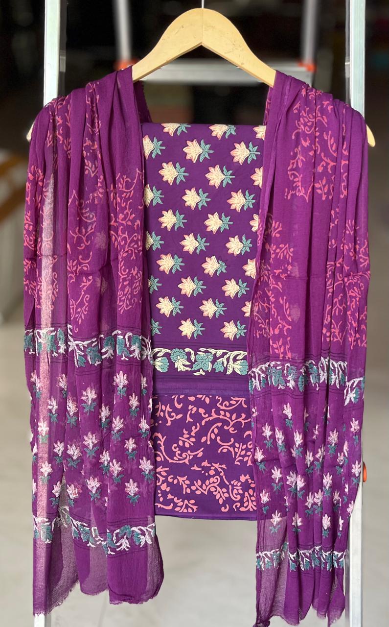 Pure Cotton Hand Block Printed Suit Set With Chiffon Dupatta