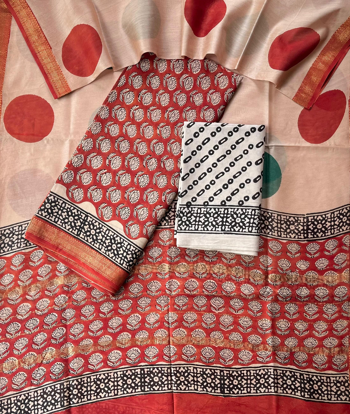 Premium Designer Handblock Printed Maheshwari Silk Suit Set