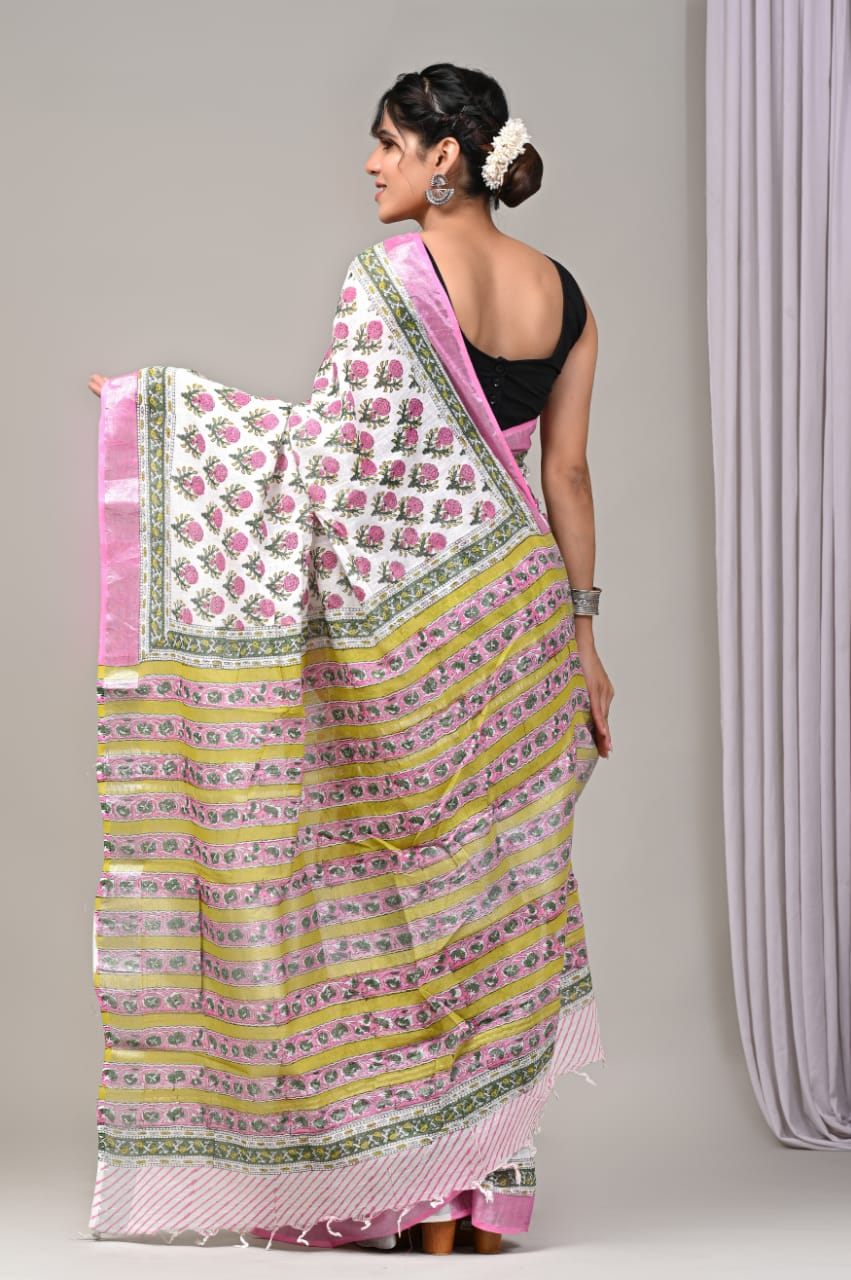 Pure Cotton Linen Handblock Printed Saree With Blouse