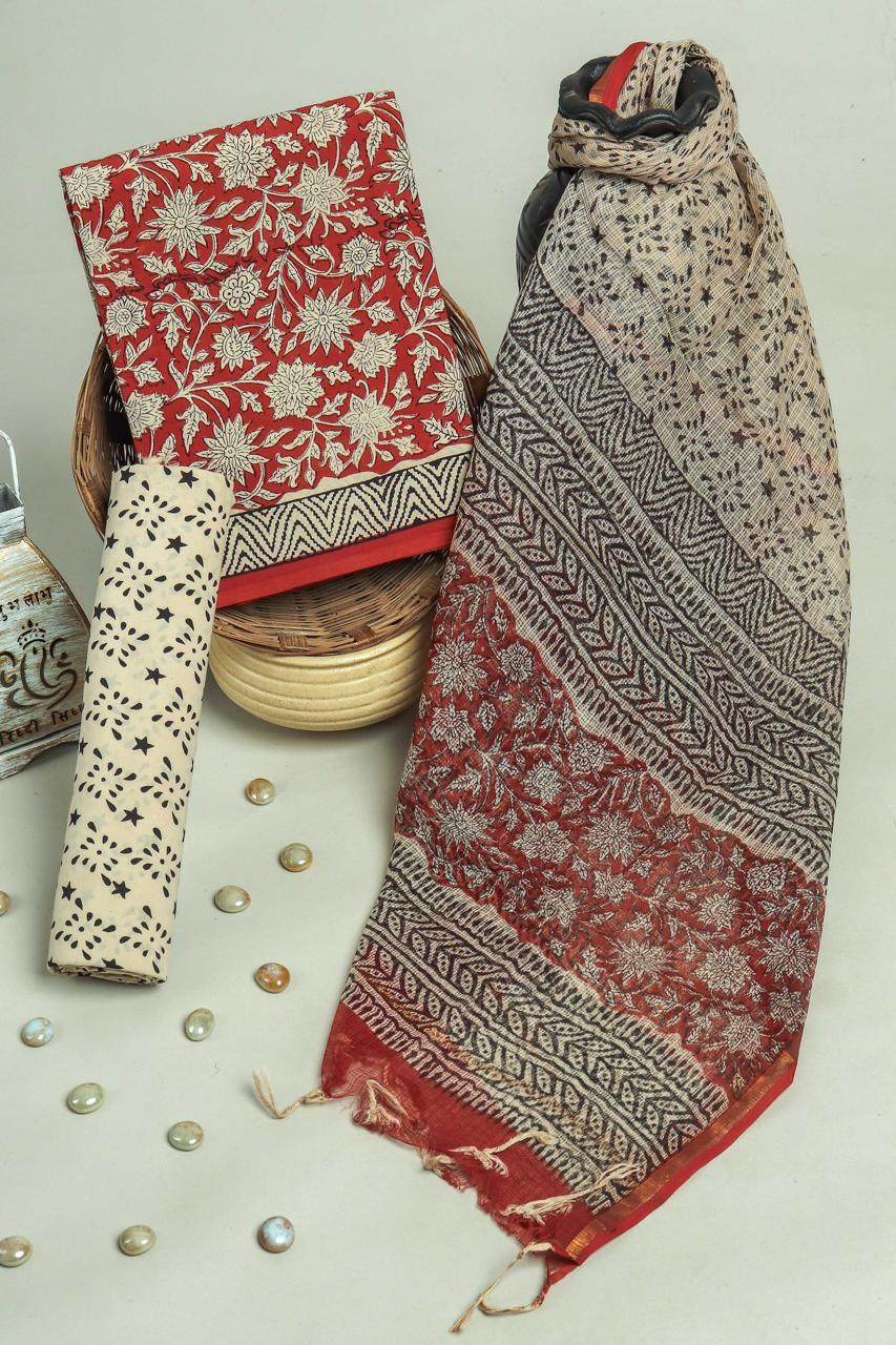 Pure Cotton Hand Block Printed Suit Set With Kota Doria Dupatta