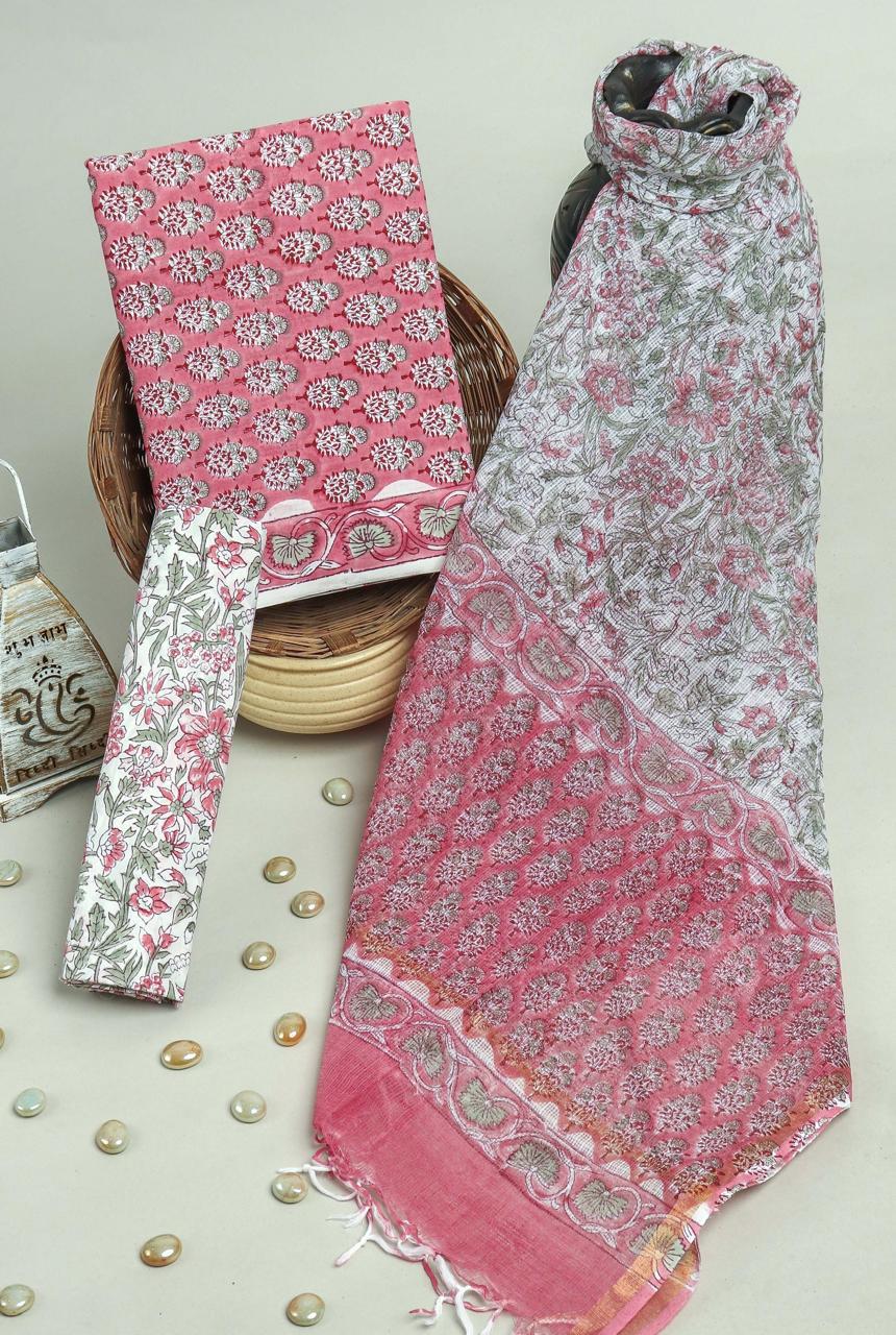 Pure Cotton Hand Block Printed Suit Set With Kota Doria Dupatta