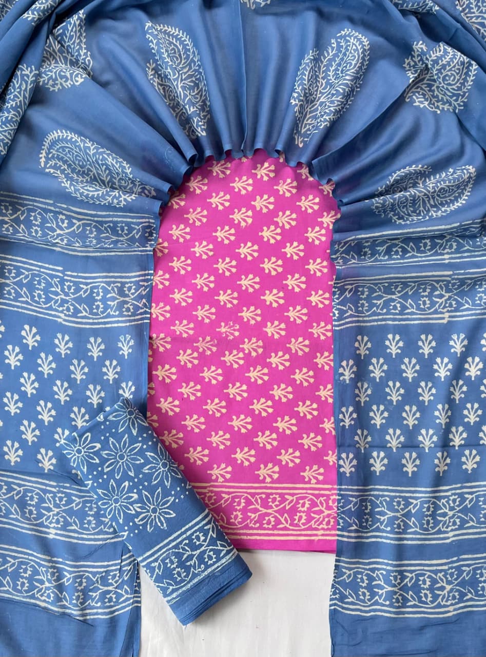 Pure Soft Cotton Hand Block Printed Suit Set With Cotton Dupatta