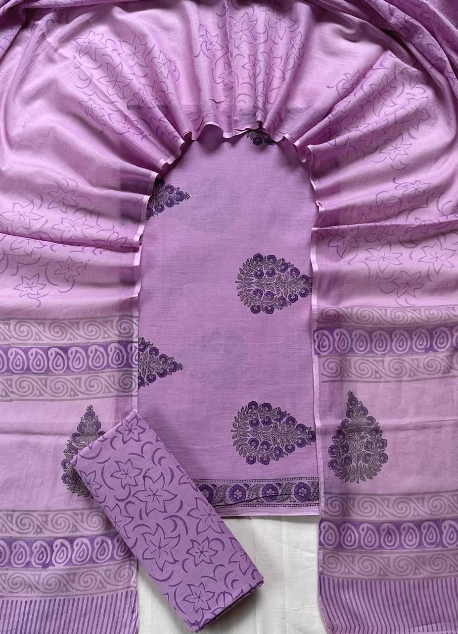 Pure Soft Cotton Hand Block Printed Suit Set With Cotton Dupatta