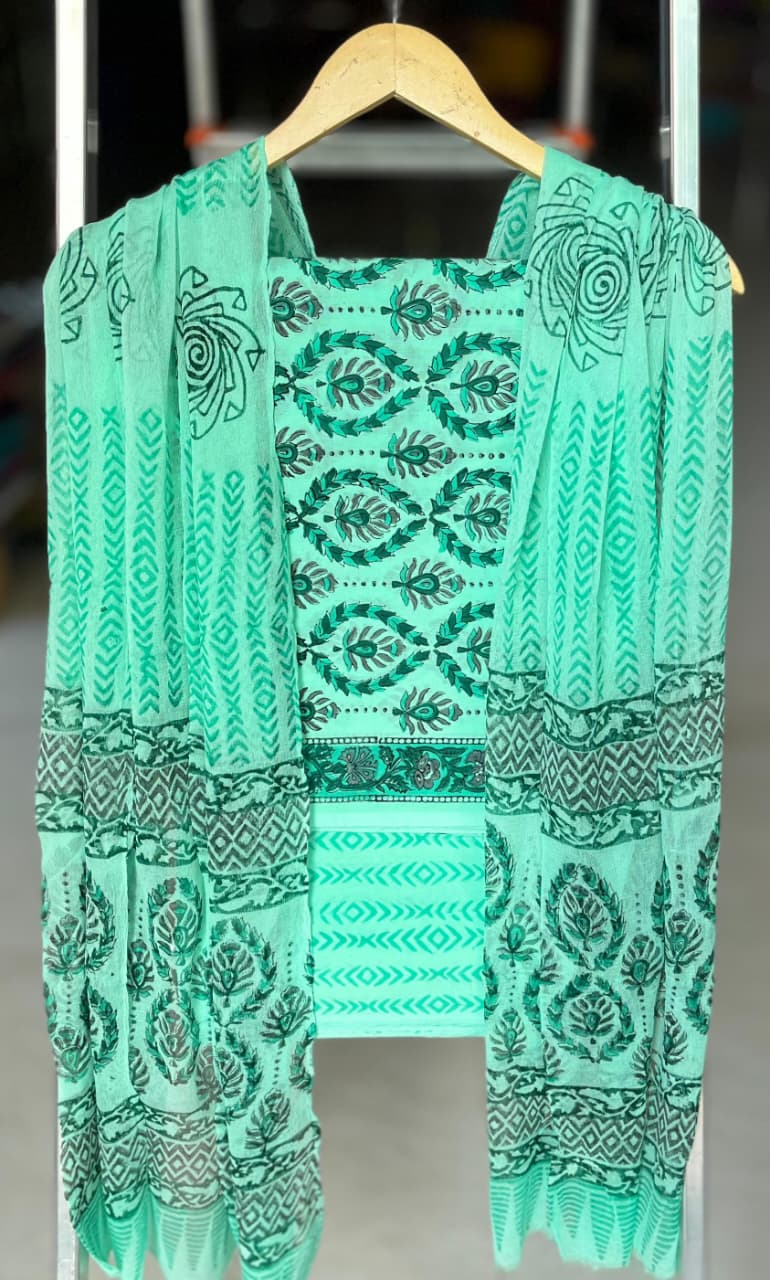Pure Cotton Hand Block Printed Suit Set With Chiffon Dupatta