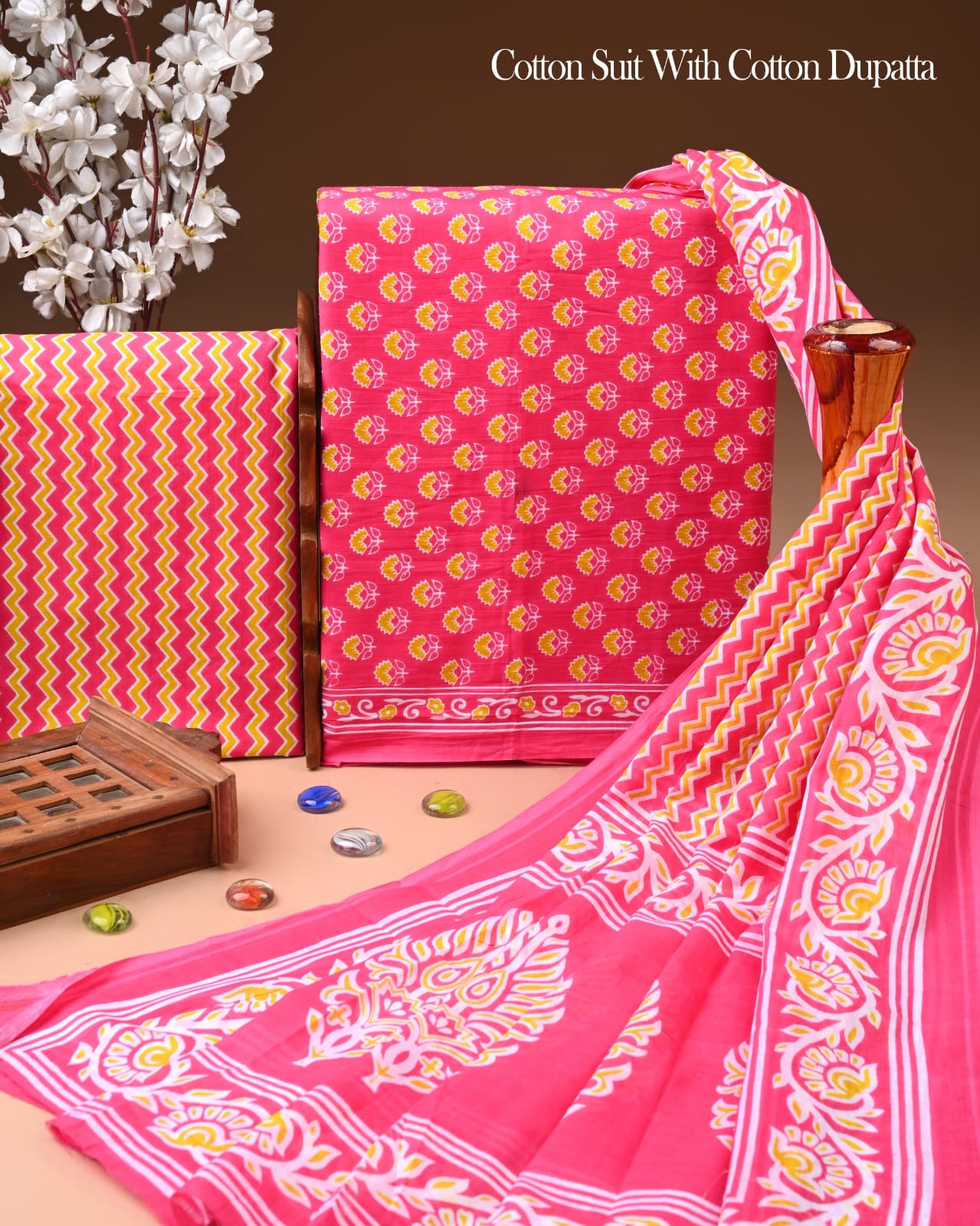Designer Hand Block Printed Cotton Suit Set With Cotton Dupatta