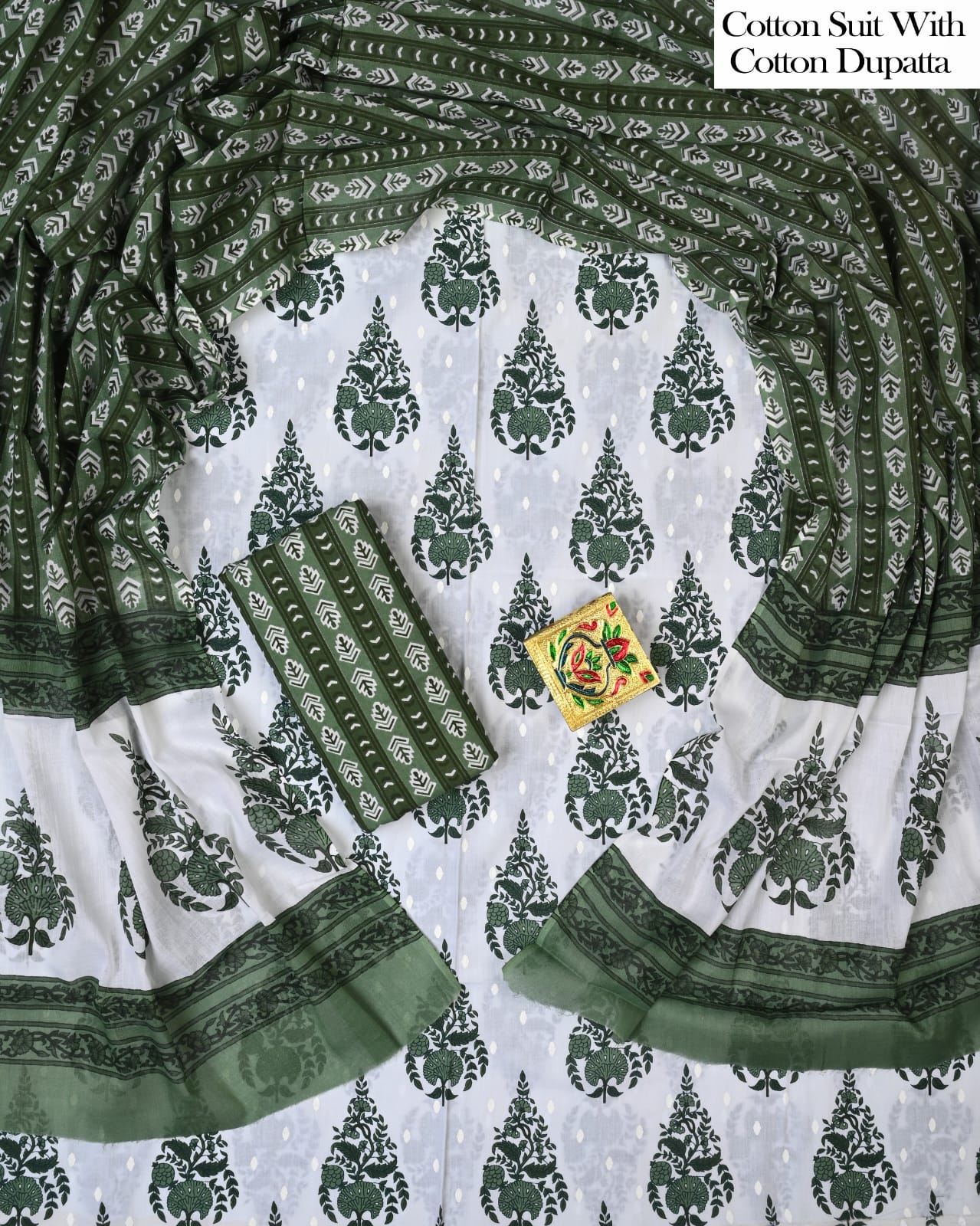 Designer Hand Block Printed Cotton Suit Set With Cotton Dupatta