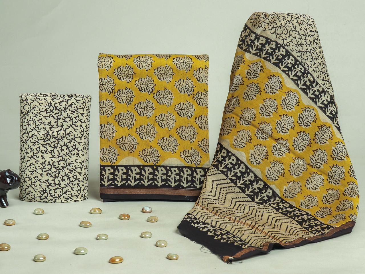 Designer Handblock Printed Chanderi Silk Suit Set