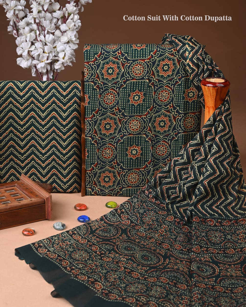 Designer Hand Block Printed Cotton Suit Set With Cotton Dupatta