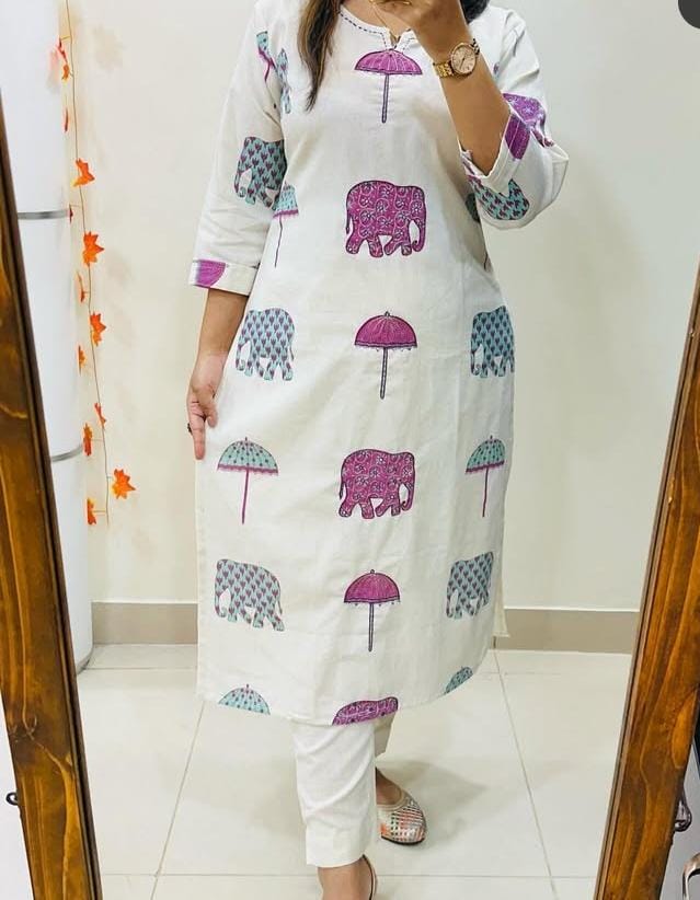 Premium Floral Fine Cotton Printed A-Line Pattern Kurti-Palazzo Set