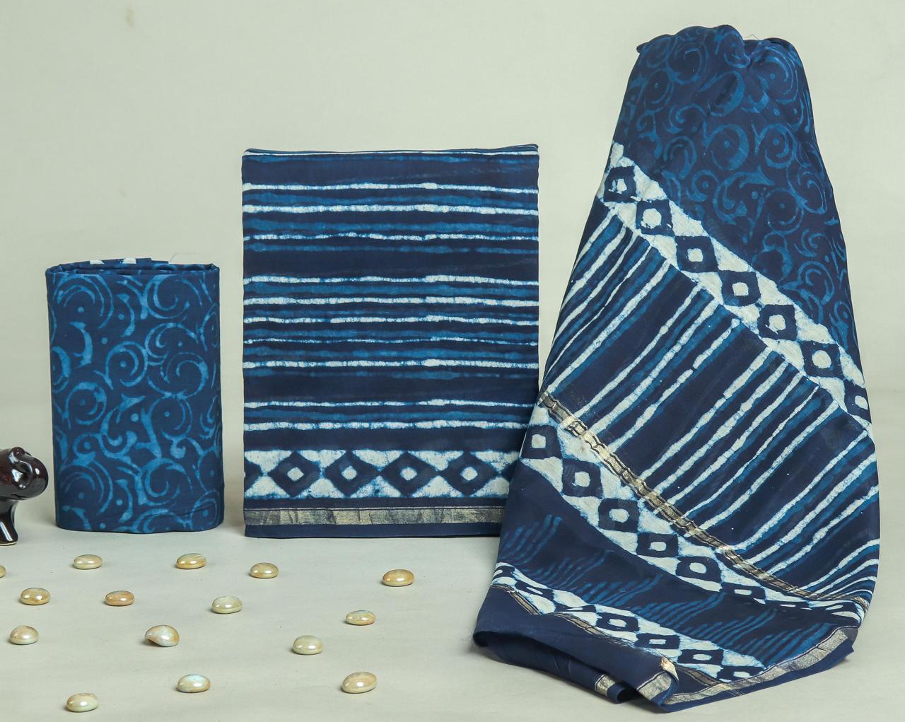 Designer Handblock Printed Chanderi Silk Suit Set