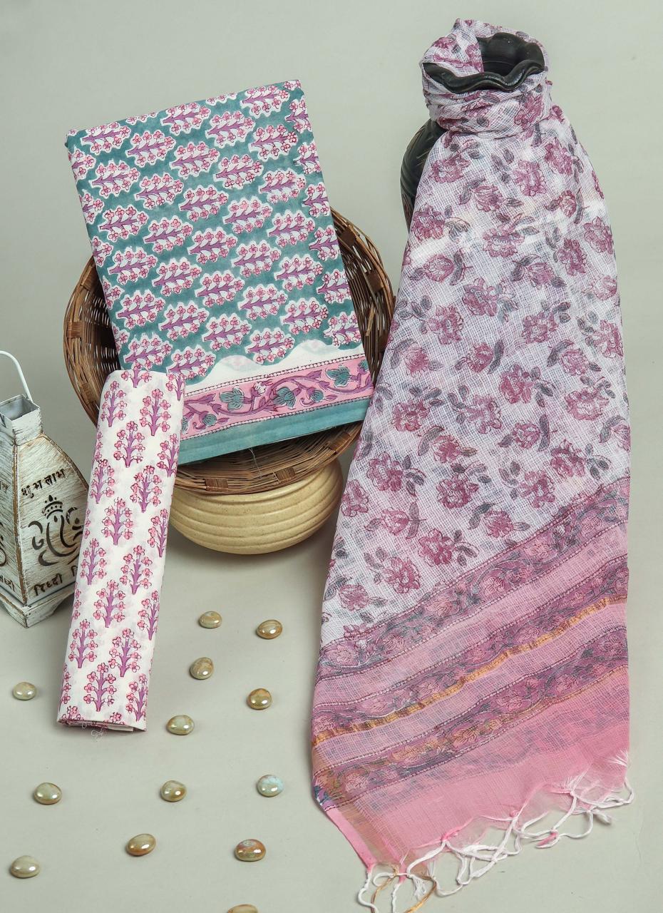 Pure Cotton Hand Block Printed Suit Set With Kota Doria Dupatta