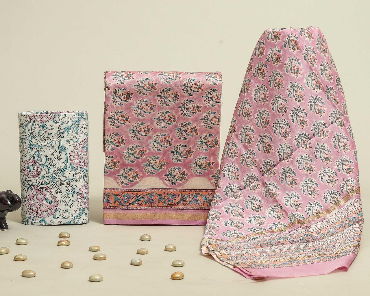 Designer Handblock Printed Chanderi Silk Suit Set