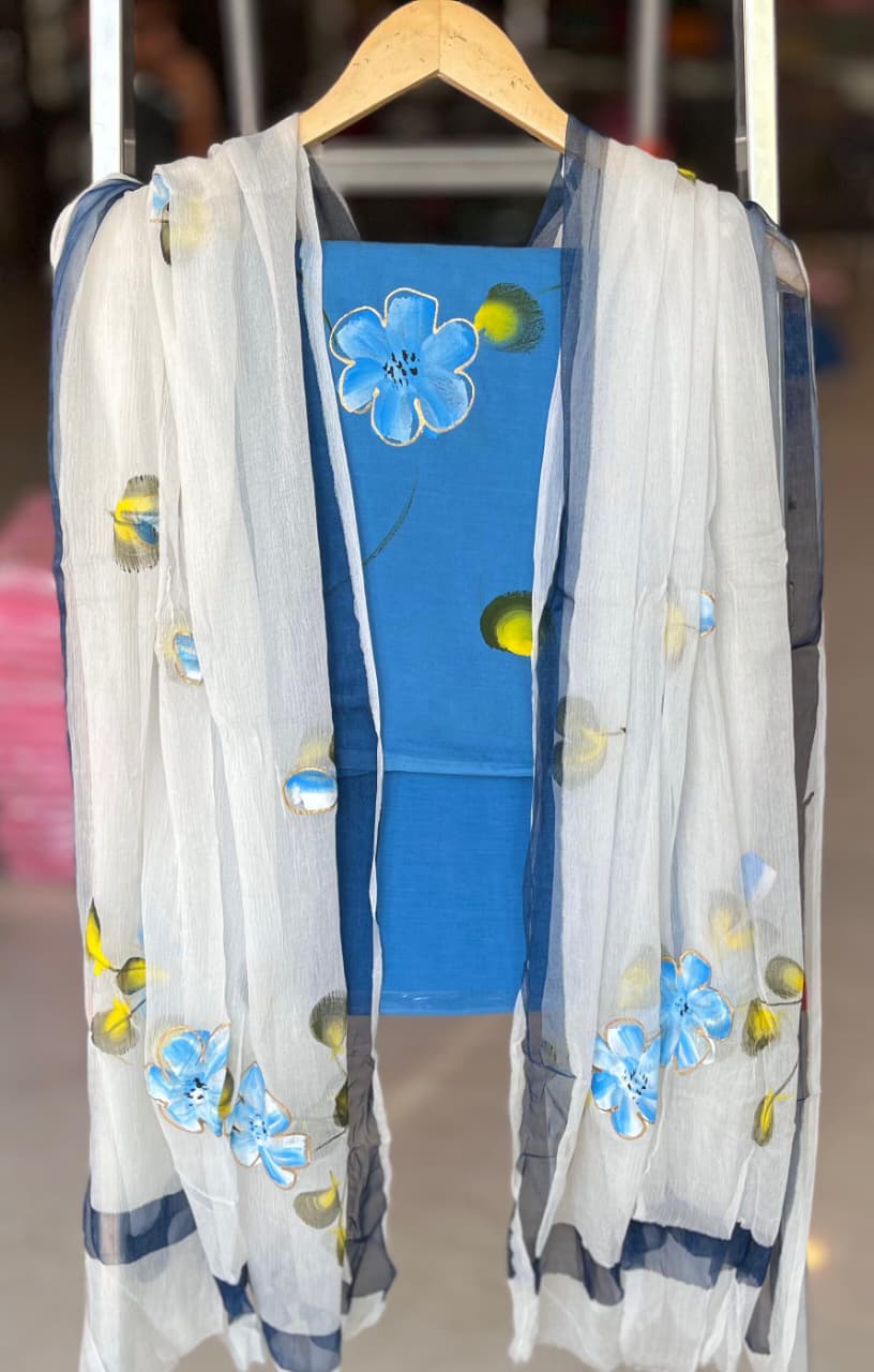 Pure Cotton Hand Block Printed Suit Set With Chiffon Dupatta