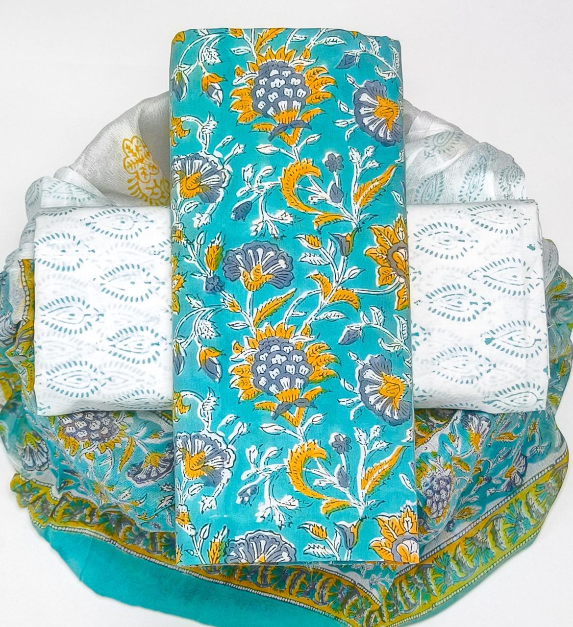 Pure Cotton Hand Block Printed Suit Set With Chiffon Dupatta