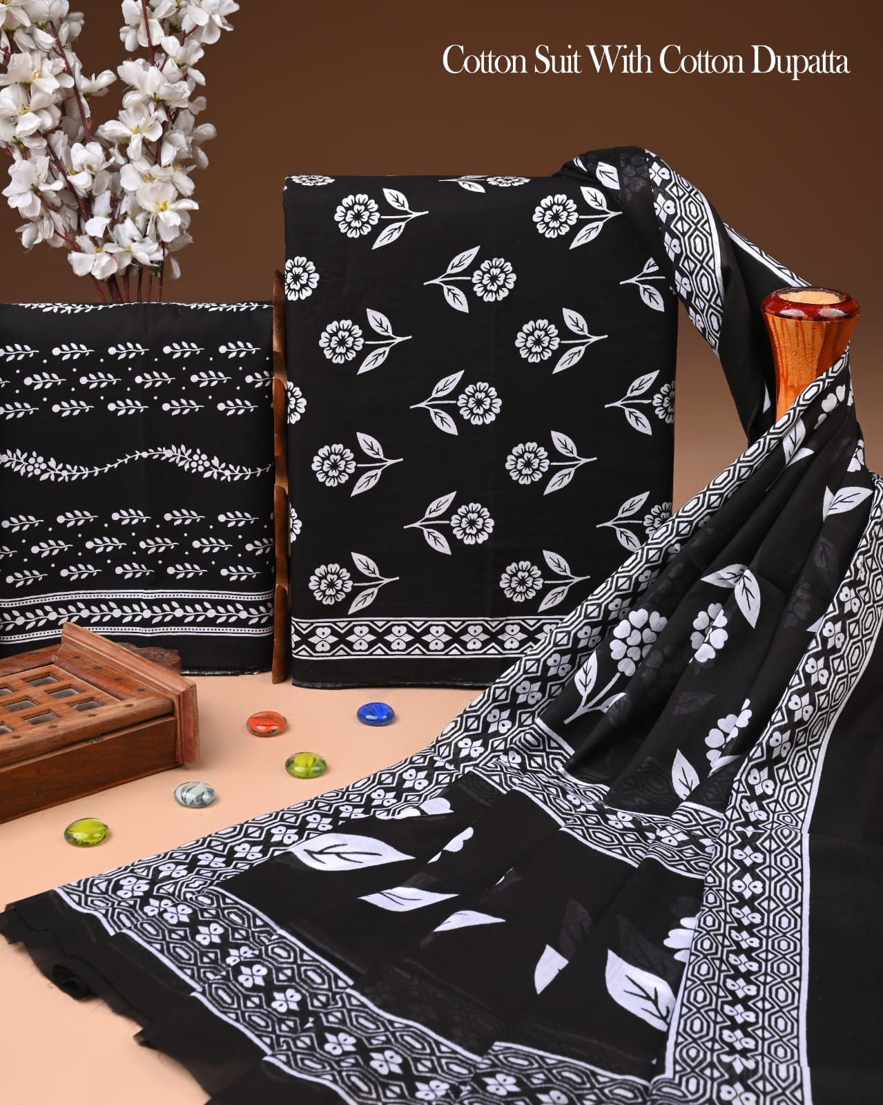Designer Hand Block Printed Cotton Suit Set With Cotton Dupatta