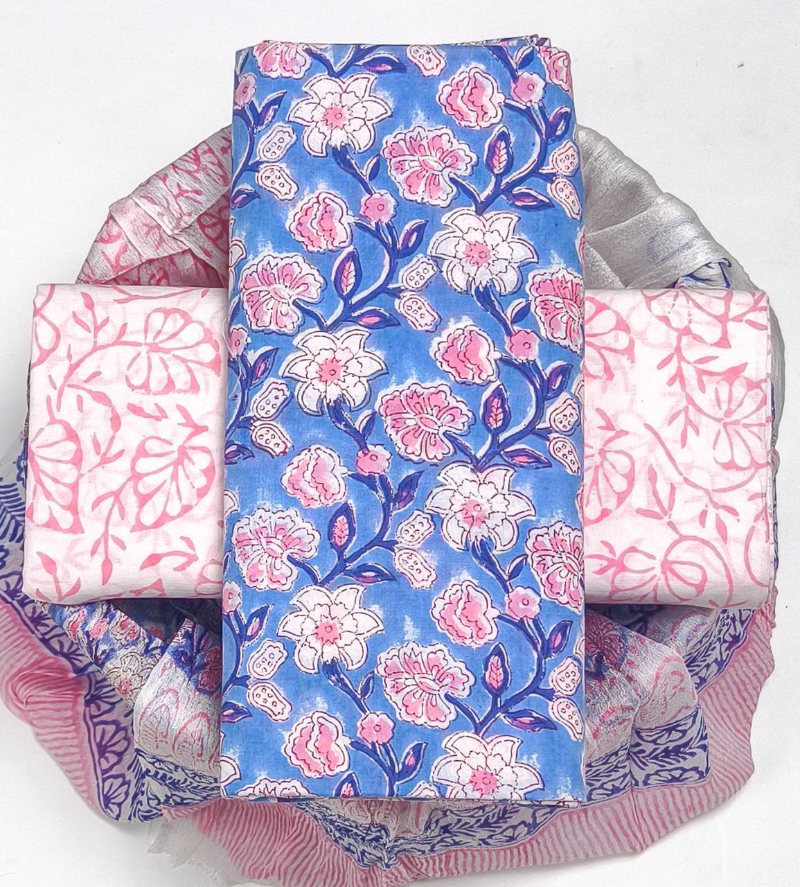 Pure Cotton Hand Block Printed Suit Set With Chiffon Dupatta